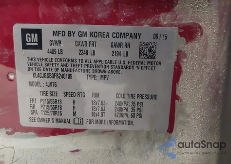 2015 Buick Encore Leather из США, поврежденный, VIN KL4CJGSB0FB240108